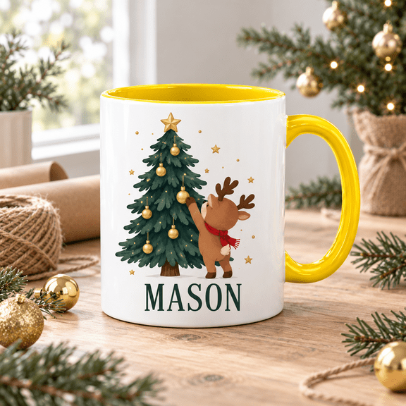 Personalized Reindeer Decorating Tree Mug, Christmas Gift