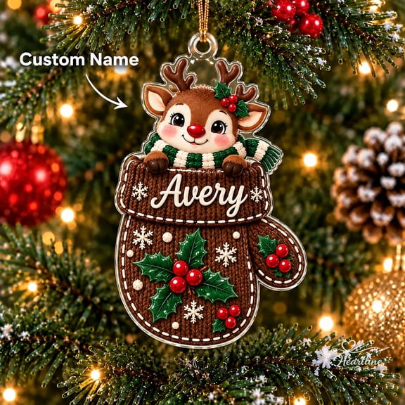 Personalized Reindeer Mitten Acrylic Ornament Holly Christmas Gift
