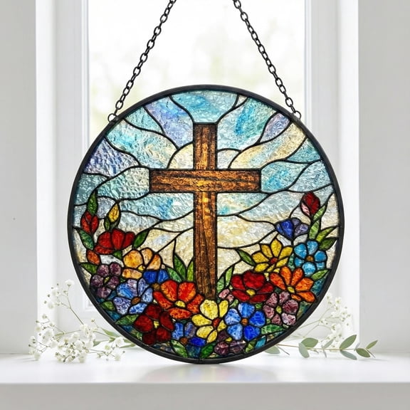 Personalized Religious Cross Suncatcher - Stained Glass Flower Window Hanging, Easter Christian Gift for Grandma