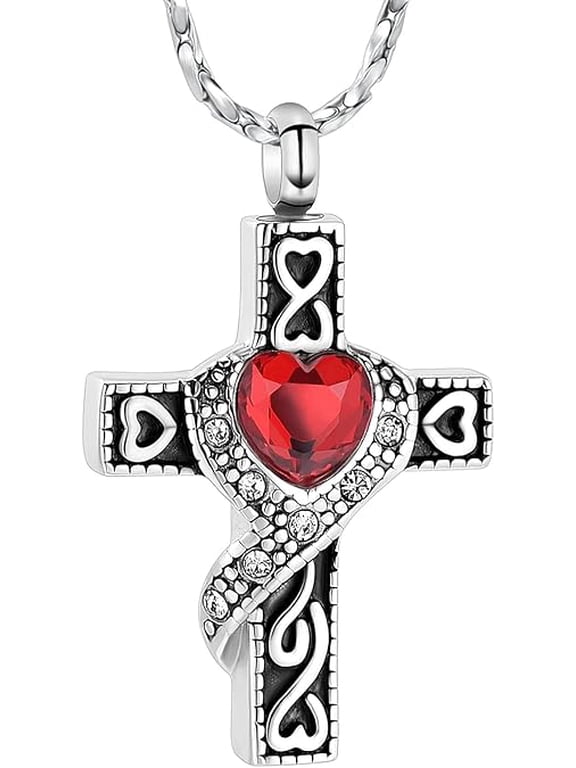 Personalized Religious Cross Urn Necklaces for Ashes Stainless Steel Cremation Keepsake Jewelry Holder Birthstone Memorial Pendant Necklace for Men / Women