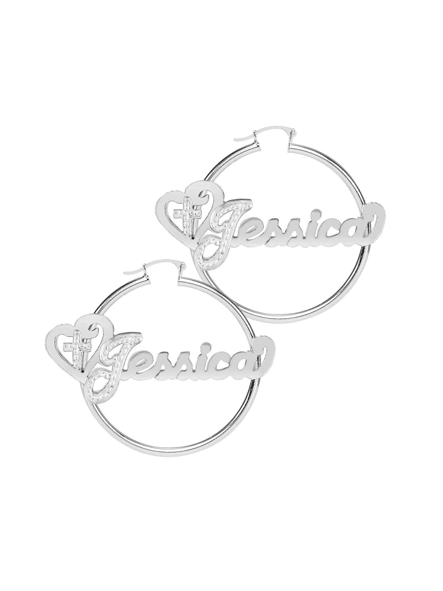 Personalized Religious Hoop Name Earrings With Beading and Rhodium on First Initial