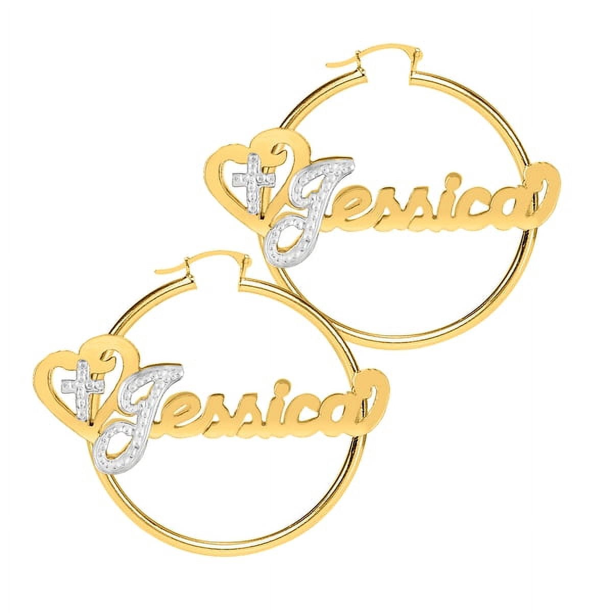Personalized Religious Hoop Name Earrings With Beading and Rhodium on First Initial