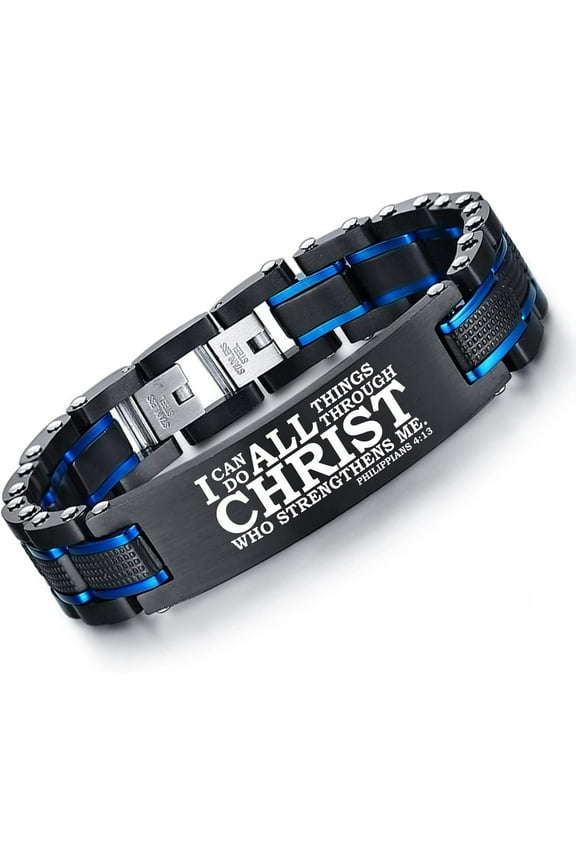 Personalized Religious Jewelry-Inspirational Christian Faith Bible Verse Quote Elegant Stainless Steel Two-Tone Blue&Black Link Bracelet Encouragement Gift for Men Boys Dad Son I Can Do All Things Th
