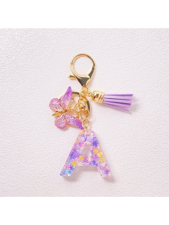 Personalized Resin Initial Letter Keychain for Women, Custom Name Accessory with Purple Tassel, Durable Epoxy Material for Wallet Backpack Car Keys, Gift Idea