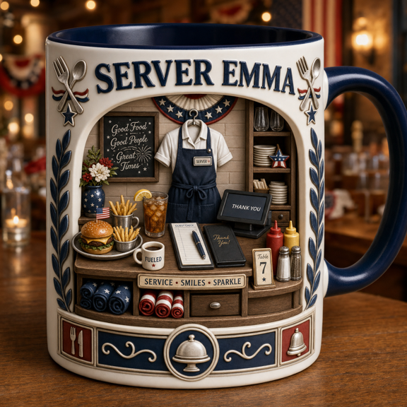Personalized Restaurant Server Mug 3D Effect Patriotic Dining Room Gift