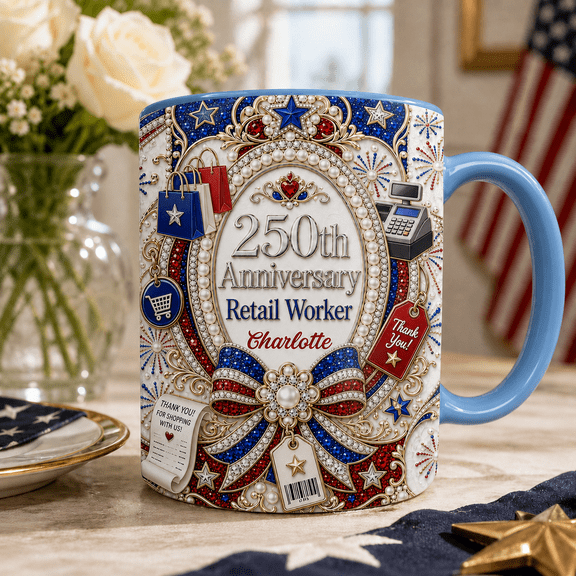 Personalized Retail Worker Ceramic Mug, Patriotic 250th Anniversary Gift