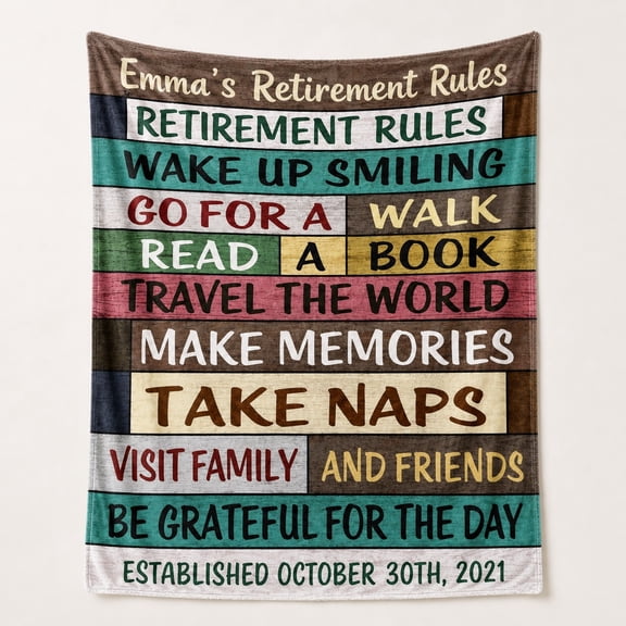 Personalized Retirement Rules Fleece Throw Blanket, Custom Name and Date, Soft 280 GSM Polyester, Retirement Gift