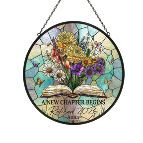 Personalized Retirement Suncatcher - A New Chapter Begins Stained Glass Style Acrylic Window Hanging Ornament - Retired 2026 Gifts for Teacher, Librarian, Coworker