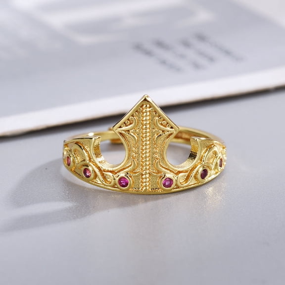 Personalized Retro Crown-Shaped Natural Red Post Jade Ring: Adjustable Open Mouth Copper Ring for Women, Featuring a Delicate Mosaic and Temperament Style