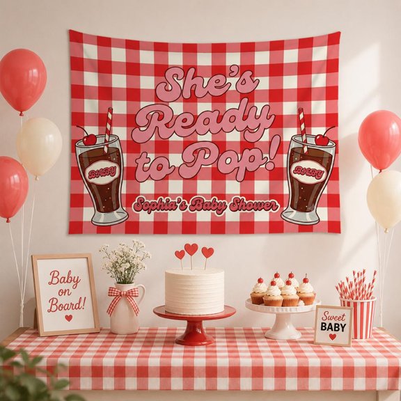 Personalized Retro Soda Theme Linen-Style Fabric Tapestry, Gingham Celebration Party Backdrop for Special Occasion Decor and Photo Booth