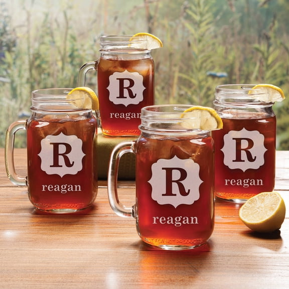 Personalized Reverse Shield Inital and Name Set of 4 Mason Jar Glasses