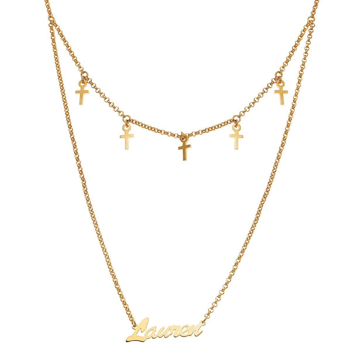 Personalized Rhodium or Gold Plated Layered Name Necklace with Cross Charms