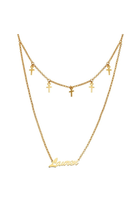 Personalized Rhodium or Gold Plated Layered Name Necklace with Cross Charms