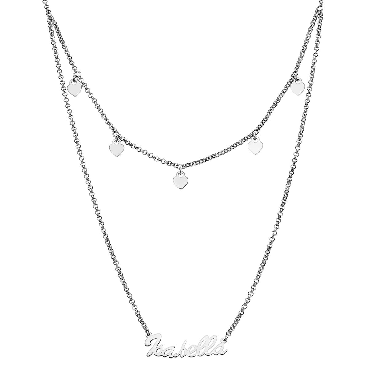Personalized Rhodium or Gold Plated Layered Name Necklace with Heart Charms