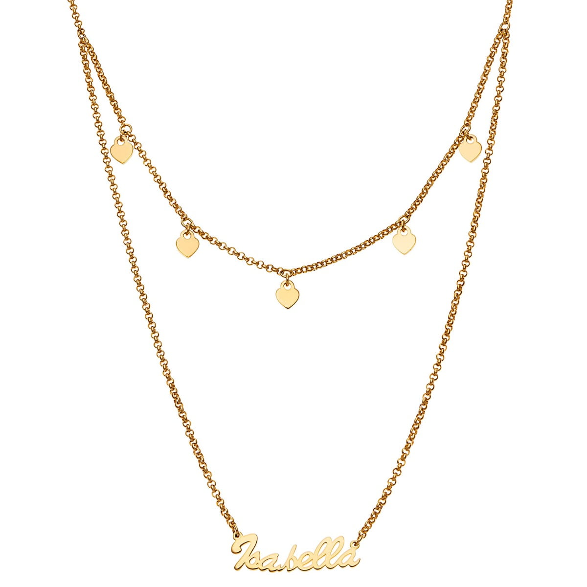 Personalized Rhodium or Gold Plated Layered Name Necklace with Heart Charms