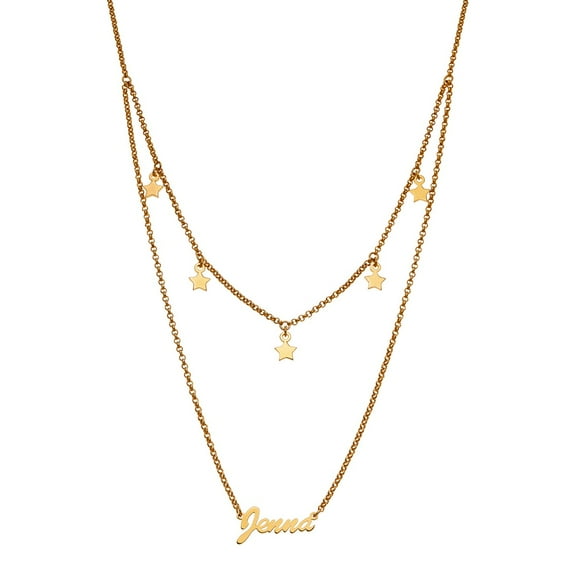 Personalized Rhodium or Gold Plated Layered Name Necklace with Star Charms