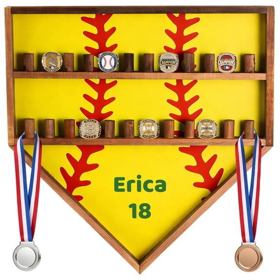 Personalized Ring Display Holder, Baseball Softball Championship Ring Storage Stand, Wall Mount Rack for Wooden Sports Memorabilia, Present for Men, Yellow