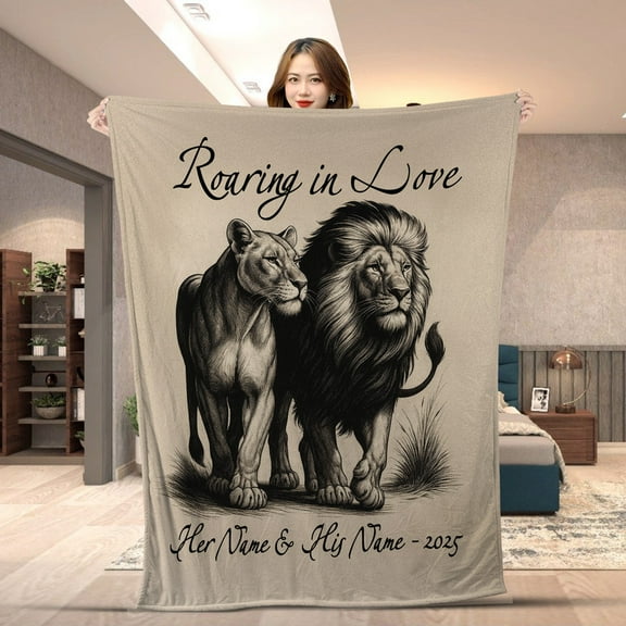 Personalized Roaring In Love Lion Couple Blanket – Custom His & Her Names, Anniversary Gift, Romantic Home Decor Throw Blanket