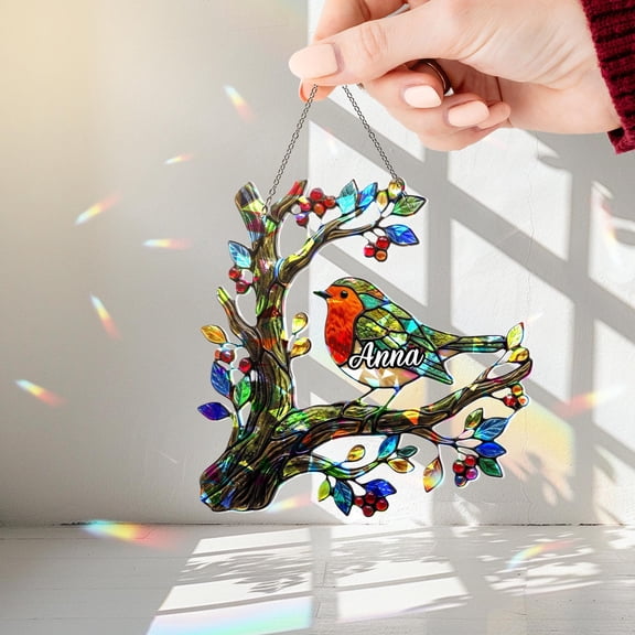 Personalized Robin Bird Acrylic Suncatcher, Custom Name Faux Stained Glass Window Hanging Decor, Bird Lover Gift