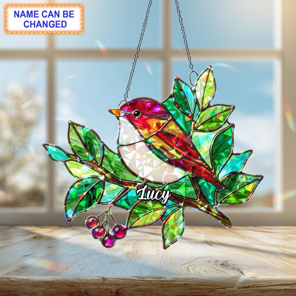 Personalized Robin Bird Acrylic Suncatcher, Custom Name Holographic Window Hanging Decor, Bird Lover Gift