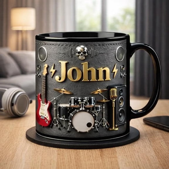 Personalized Rock Music Mug, Custom Name Guitar Coffee Cup, Rocker Gift for Him, Band Lover Mug