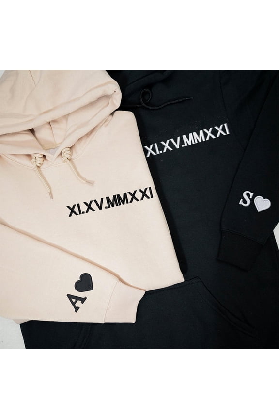 Personalized Roman Numeral Matching Sweatshirt with Initial on Sleeve for Couples, Custom Embroidered Sweatshirt