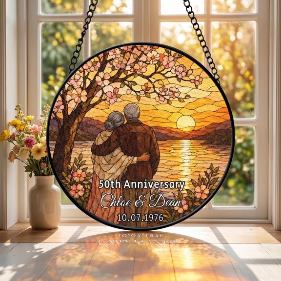 Personalized Romantic Couples Faux Stained Glass Acrylic Suncatcher, Custom Window Hanging Decor, Wedding Anniversary Gift
