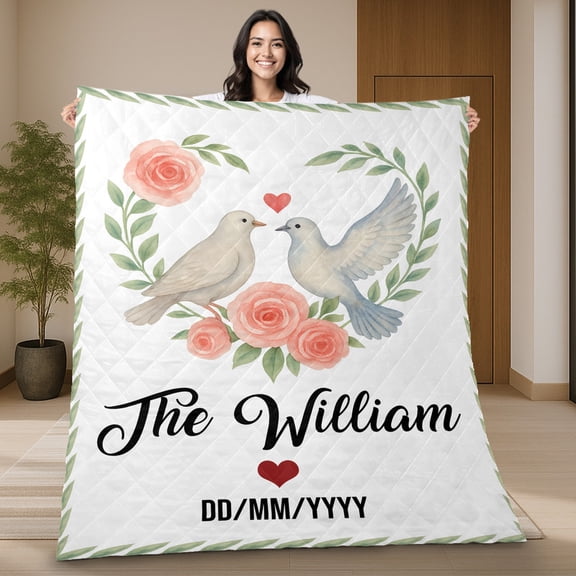 Personalized Romantic Dove Couple and Rose Quilt Blanket - Custom Couple Name and Date Quilt - Wedding Anniversary Valentine's Day