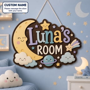 Personalized Room Door Sign Celestial Friends Wooden Hanging Name Plaque for Bedroom