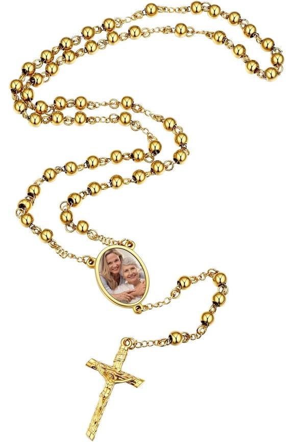 Personalized Rosary Necklace for Women Men with Photo & Text,Stainless Steel Custom Rosary Bead Catholic Cross Y Chain Necklace,Memorial Christian Jewelry Gift