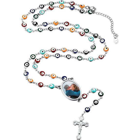 Personalized Rosary Necklace for Women Men with Photo & Text,Stainless Steel Custom Rosary Bead Catholic Cross Y Chain Necklace,Memorial Christian Jewelry Gift