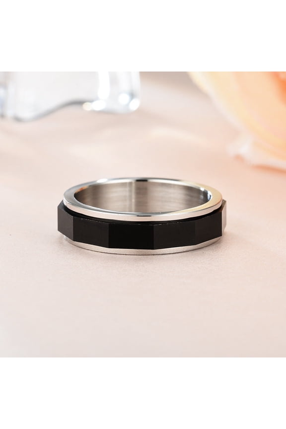 Personalized Rotating Ring: Stainless Steel Geometric Multi-Faceted Black Irregular Design, Anniversary Gift, Spinner Ring for Stress Relief
