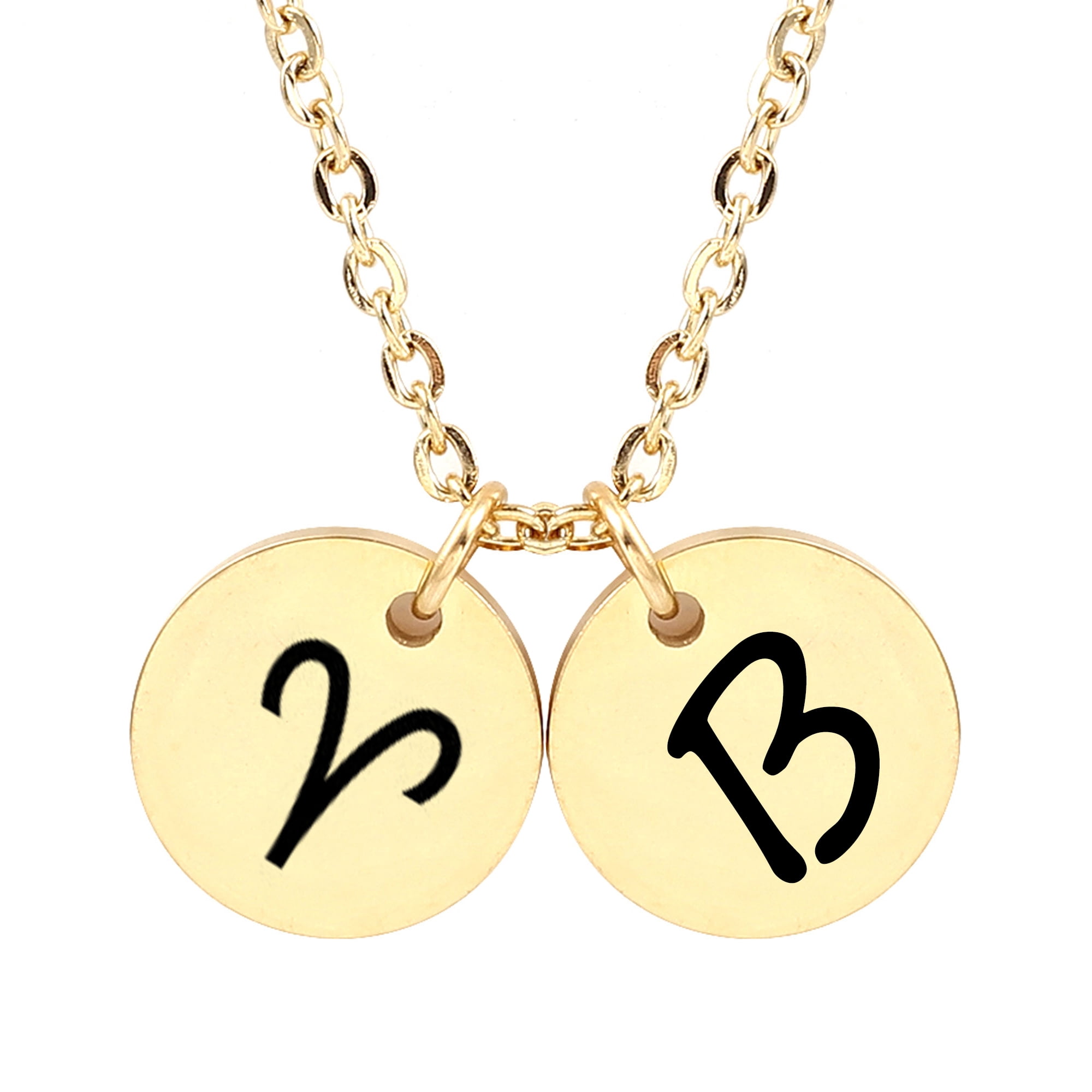 Personalized Round Constellation Initial Necklace - Engraved Zodiac Symbol Jewelry - Christmas Gift for Her - Stainless Steel - 18" Chain - Gold Aries