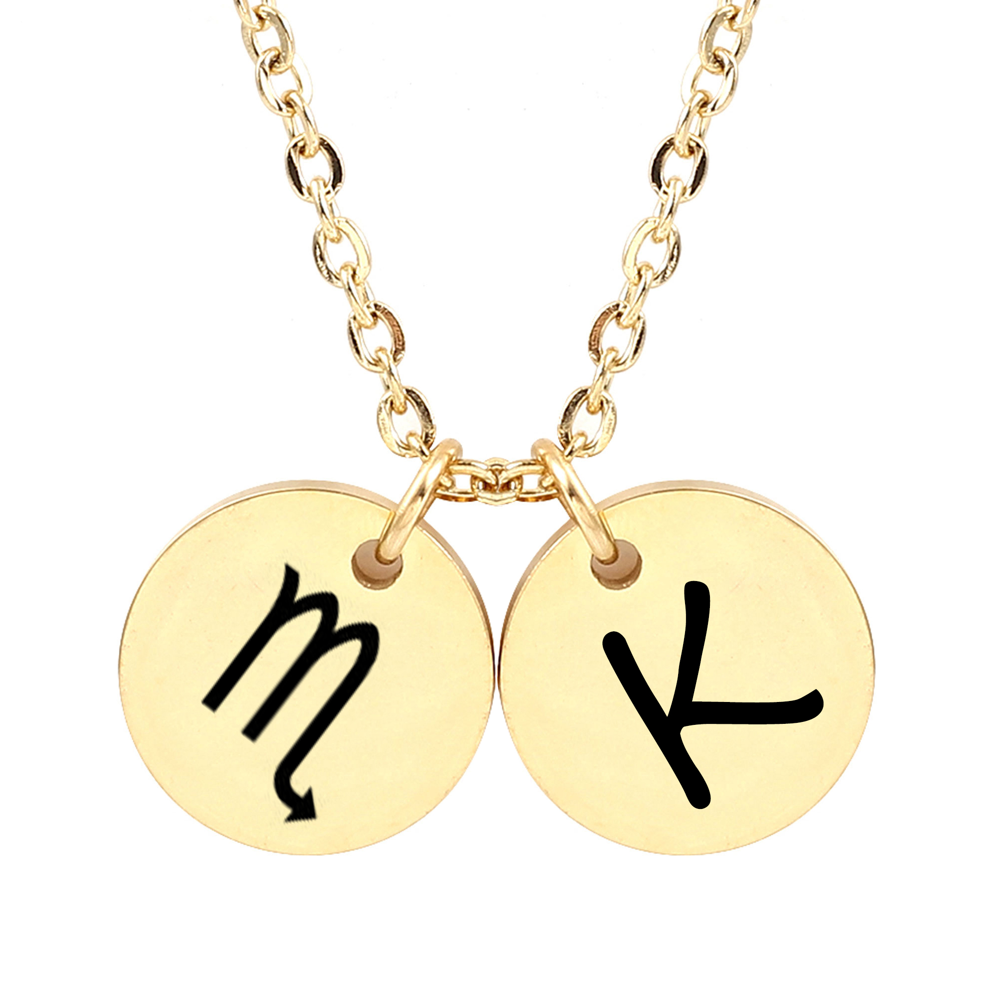 Personalized Round Constellation Initial Necklace - Engraved Zodiac Symbol Jewelry - Christmas Gift for Her - Stainless Steel - 18" Chain - Gold Scorpio
