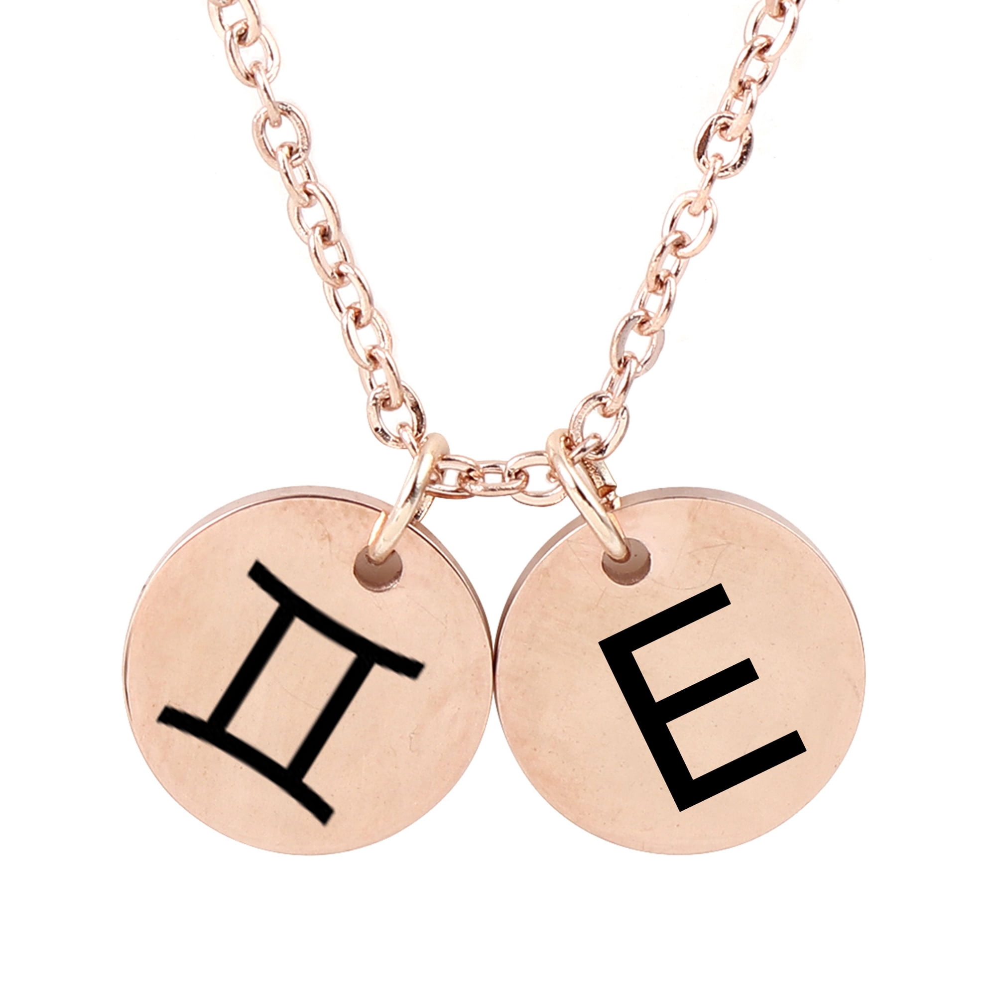 Personalized Round Constellation Initial Necklace - Engraved Zodiac Symbol Jewelry - Christmas Gift for Her - Stainless Steel - 18" Chain - Rose Gold Gemini
