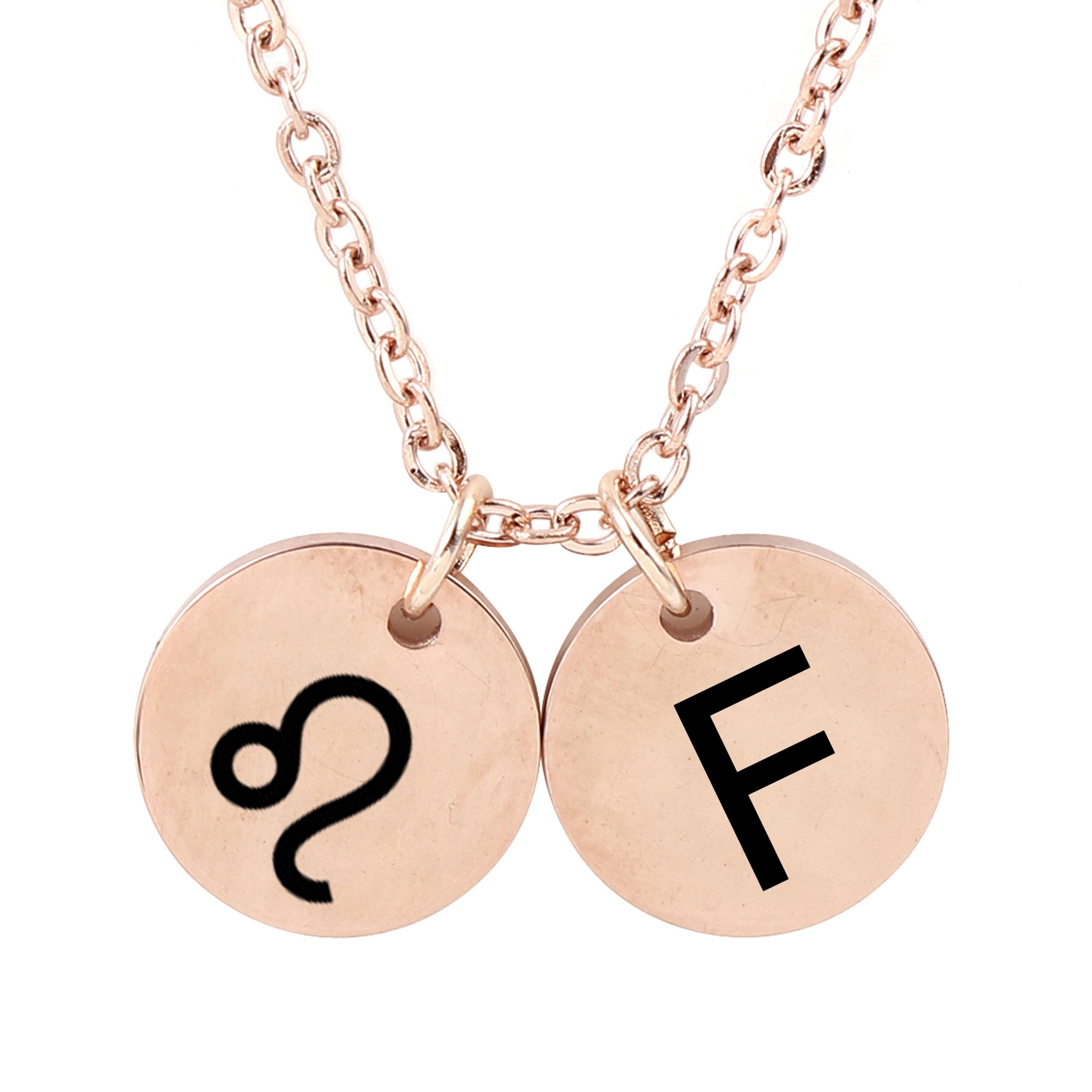 Personalized Round Constellation Initial Necklace - Engraved Zodiac Symbol Jewelry - Christmas Gift for Her - Stainless Steel - 18" Chain - Rose Gold Leo