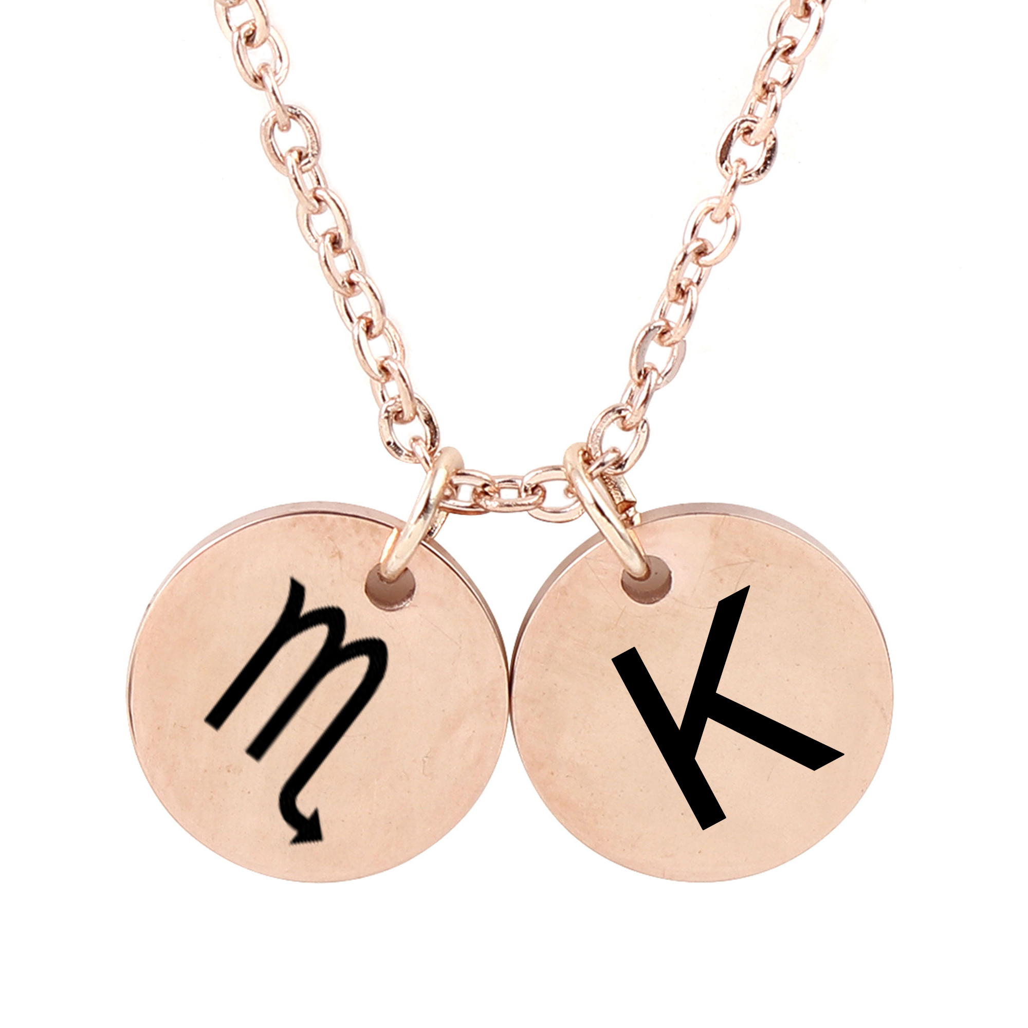 Personalized Round Constellation Initial Necklace - Engraved Zodiac Symbol Jewelry - Christmas Gift for Her - Stainless Steel - 18" Chain - Rose Gold Scorpio