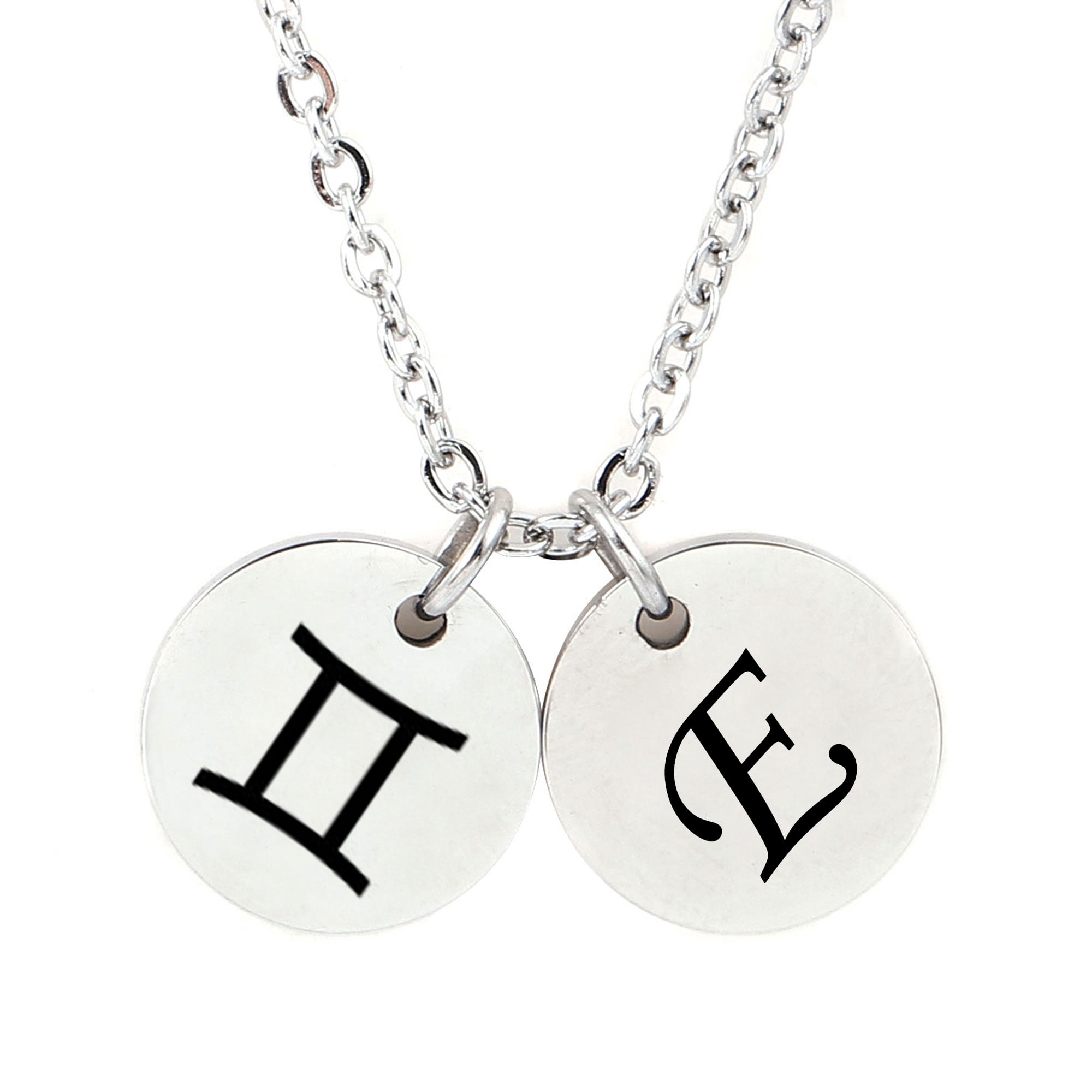Personalized Round Constellation Initial Necklace - Engraved Zodiac Symbol Jewelry - Christmas Gift for Her - Stainless Steel - 18" Chain - Silver Gemini