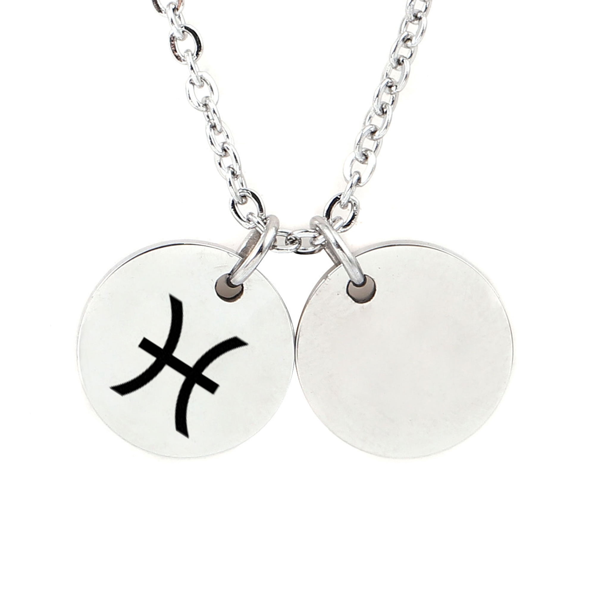 Personalized Round Constellation Initial Necklace - Engraved Zodiac Symbol Jewelry - Christmas Gift for Her - Stainless Steel - 18" Chain - Silver Pisces