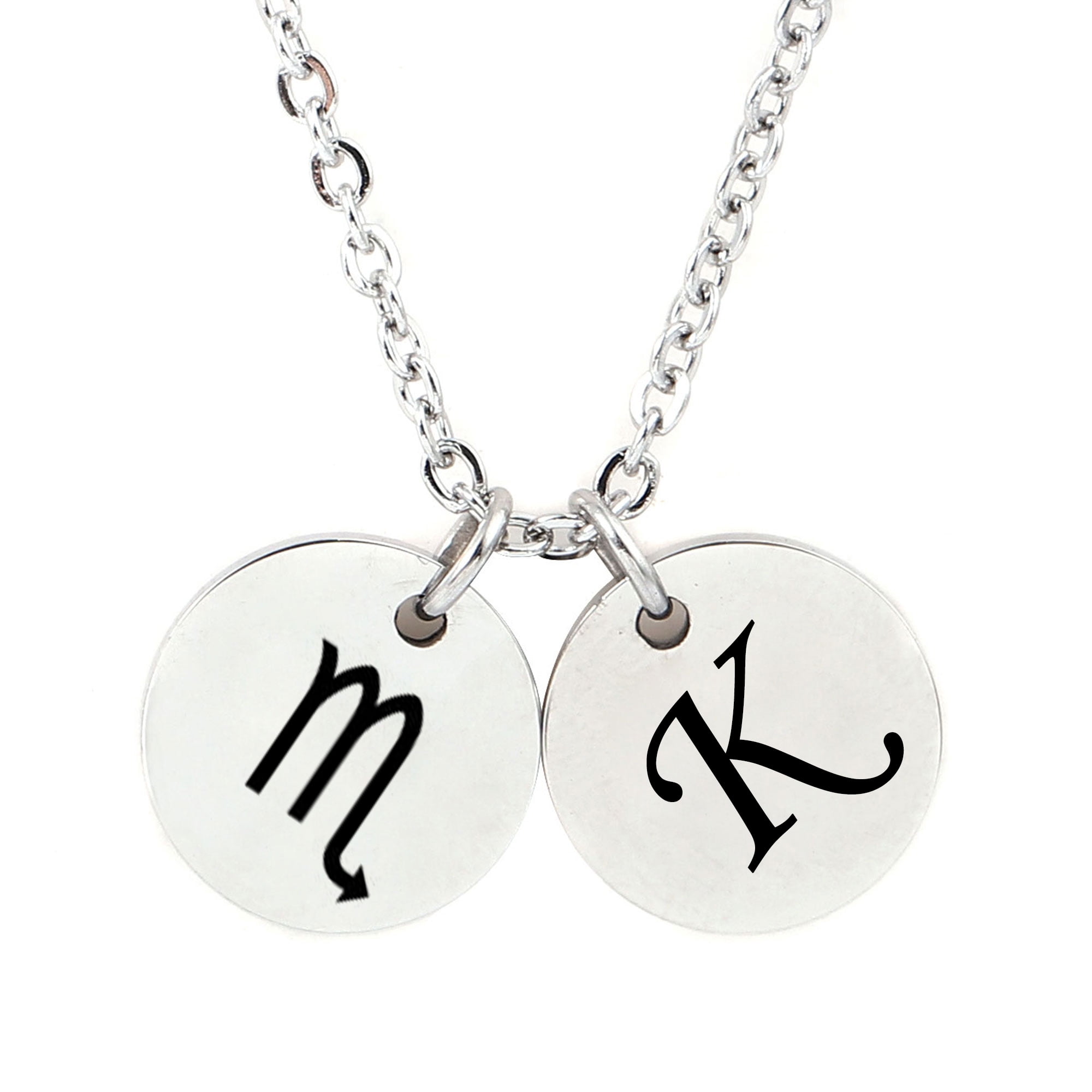Personalized Round Constellation Initial Necklace - Engraved Zodiac Symbol Jewelry - Christmas Gift for Her - Stainless Steel - 18" Chain - Silver Scorpio