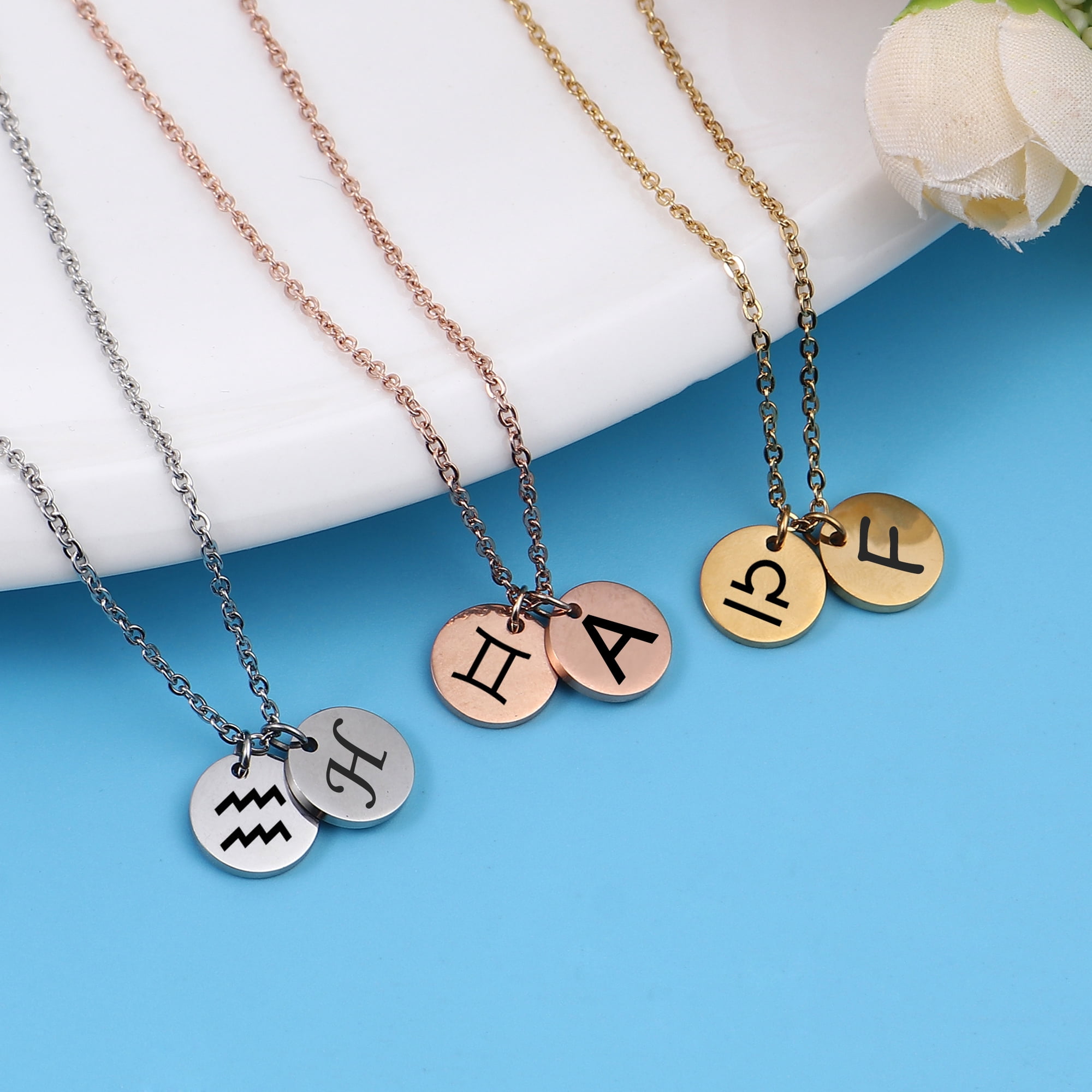 Anavia Stainless Steel Personalized Round Constellation Initial Necklace - Engraved Zodiac Symbol Jewelry Chain 18"