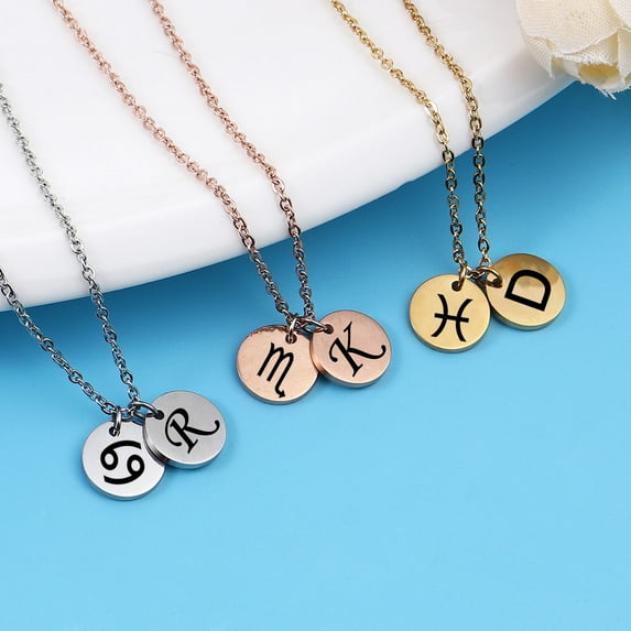 Anavia Stainless Steel Personalized Round Constellation Initial Necklace - Engraved Zodiac Symbol Jewelry - 18 inch