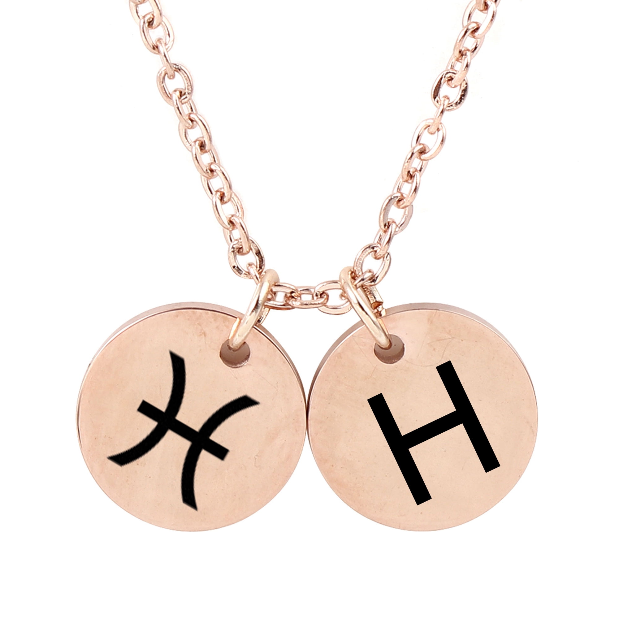 Personalized Round Constellation Initial Necklace - Engraved Zodiac Symbol Jewelry - Christmas Gift for Her - Stainless Steel - 18" Chain - Rose Gold Pisces