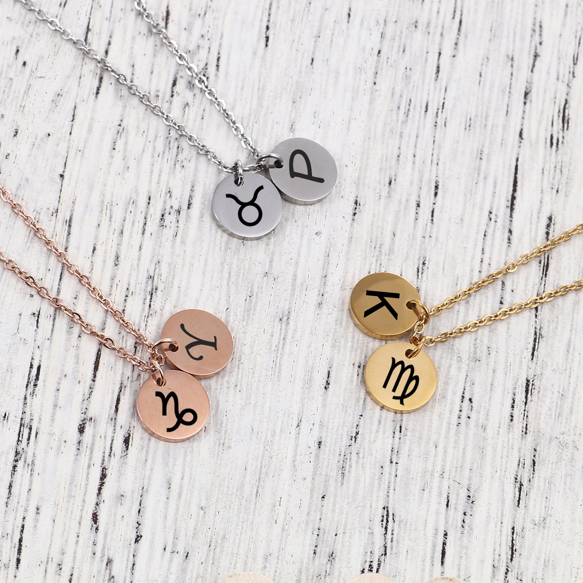 Anavia Stainless Steel Personalized Round Constellation Initial Necklace - Engraved Zodiac Symbol Jewelry Chain 18 inch