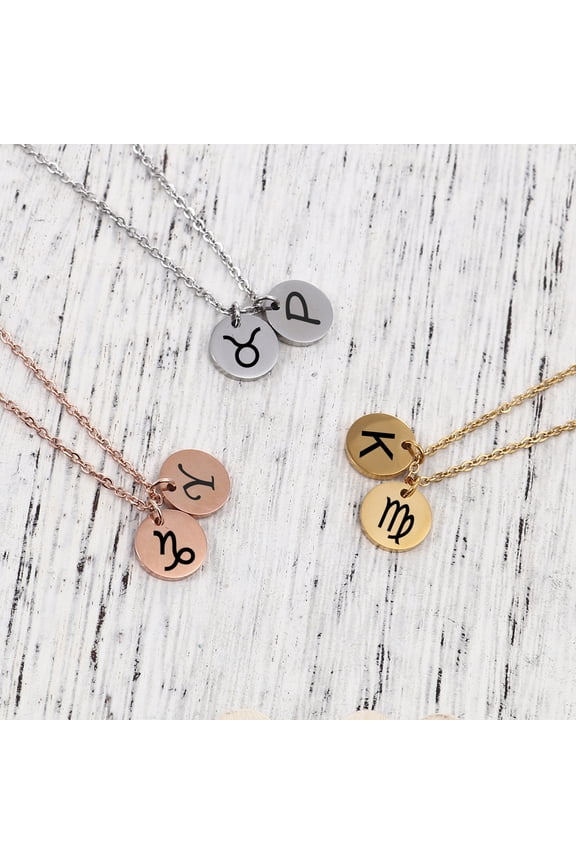 Stainless Steel Personalized Round Constellation Initial Necklace - Engraved Zodiac Symbol Jewelry Chain 18 inch
