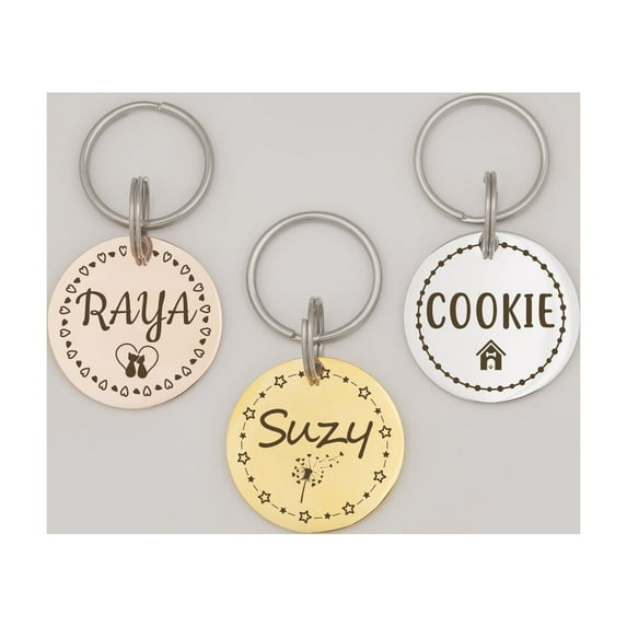 Personalized Round Dog Tag - Custom Name, Frame, and Icon Pet ID Dog Tag - Engravable Pet Tags for Cat and Dogs - Small Medium Large Size - Stainless Steel Collar Pet Tags - Ships Next Day!