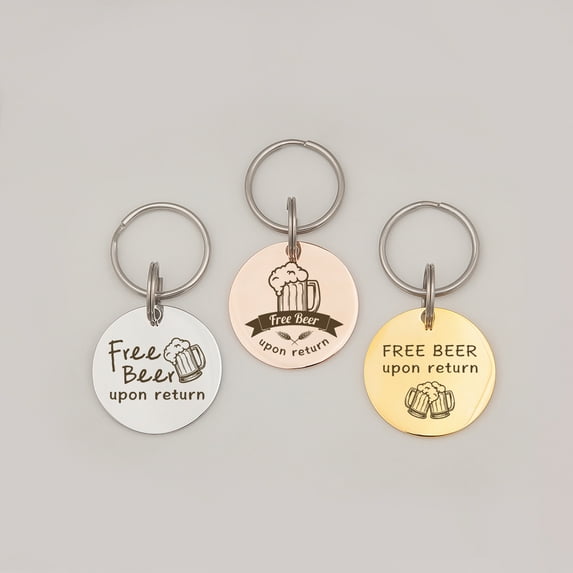 Personalized Round Funny "Free Beer Upon Return" Dog Pet Tag - Engraved Pet Name and Emergency Pet ID - Custom Pet Tags for Cat and Dogs - Small Medium Large Size - Stainless Steel Collar Pet Tags