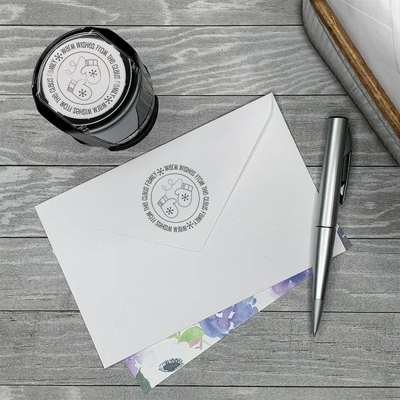 Personalized Round Self-Inking Rubber Stamp - Holiday Mittens