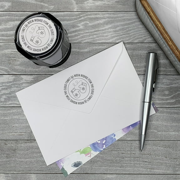 Personalized Round Self-Inking Rubber Stamp - Holiday Mittens