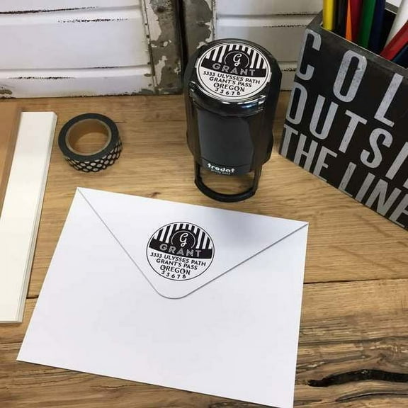 Personalized Round Self-Inking Rubber Stamp - The Grant Pin Stripe